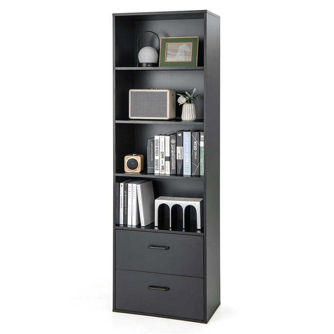 6-Tier Modern Bookcase 4-tier Open Bookshelf with 2 Slide-out Drawers-Black