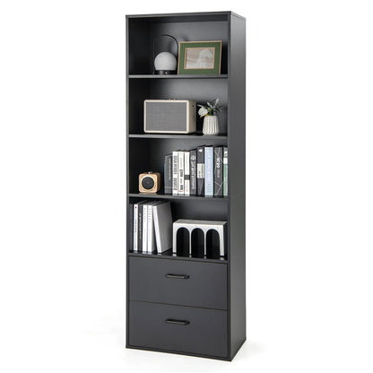 6-Tier Modern Bookcase 4-tier Open Bookshelf with 2 Slide-out Drawers-Black