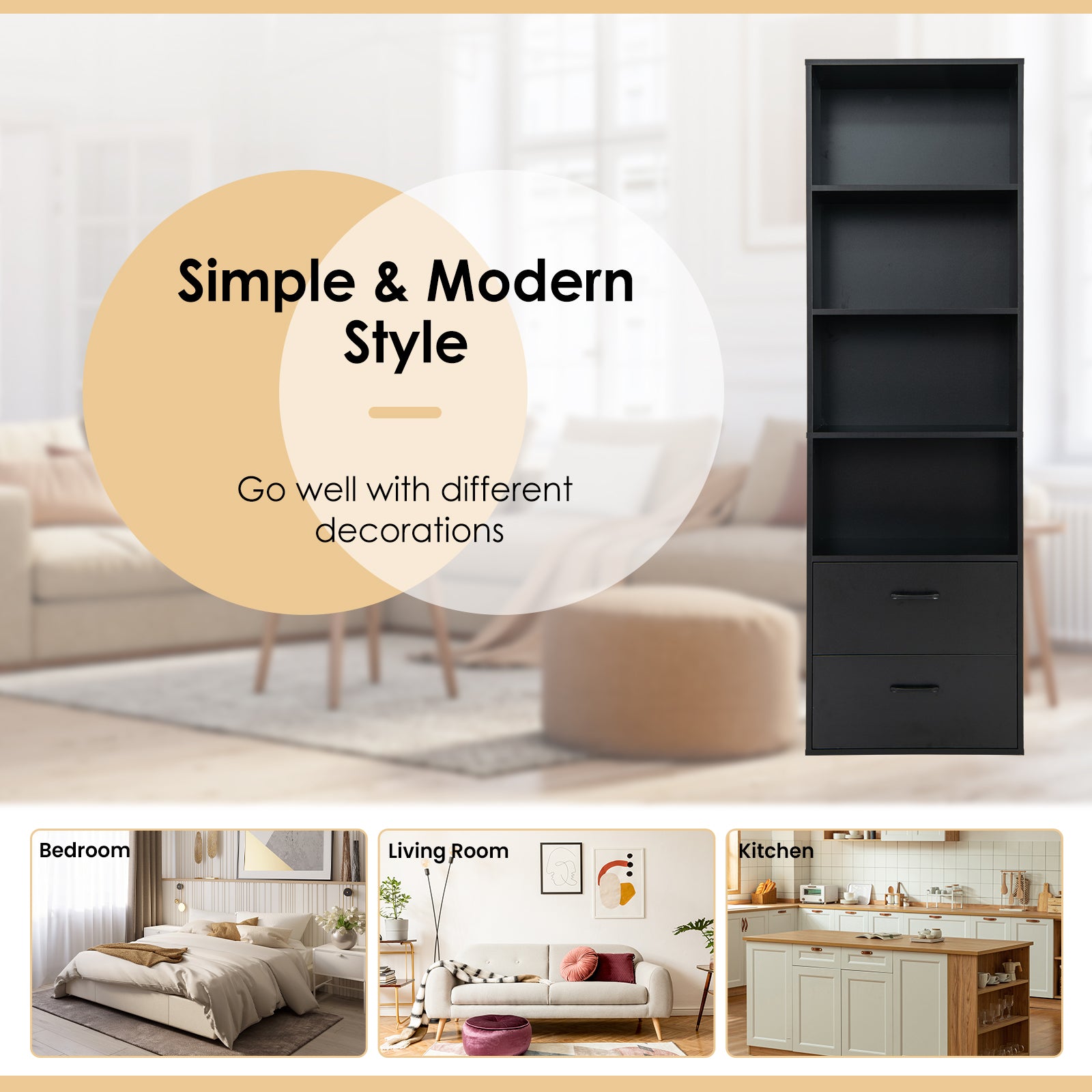 6-Tier Modern Bookcase 4-tier Open Bookshelf with 2 Slide-out Drawers-Black
