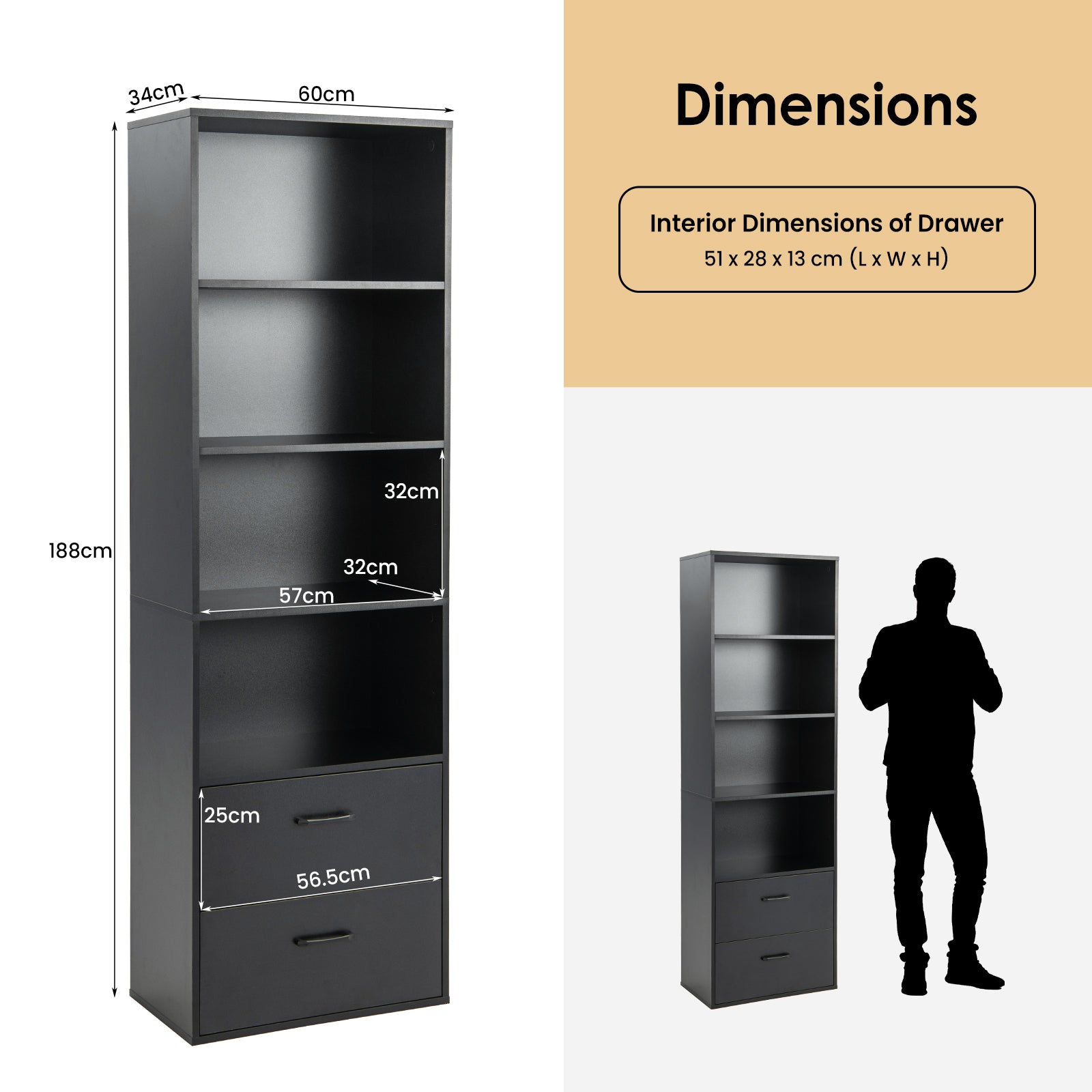 6-Tier Modern Bookcase 4-tier Open Bookshelf with 2 Slide-out Drawers-Black
