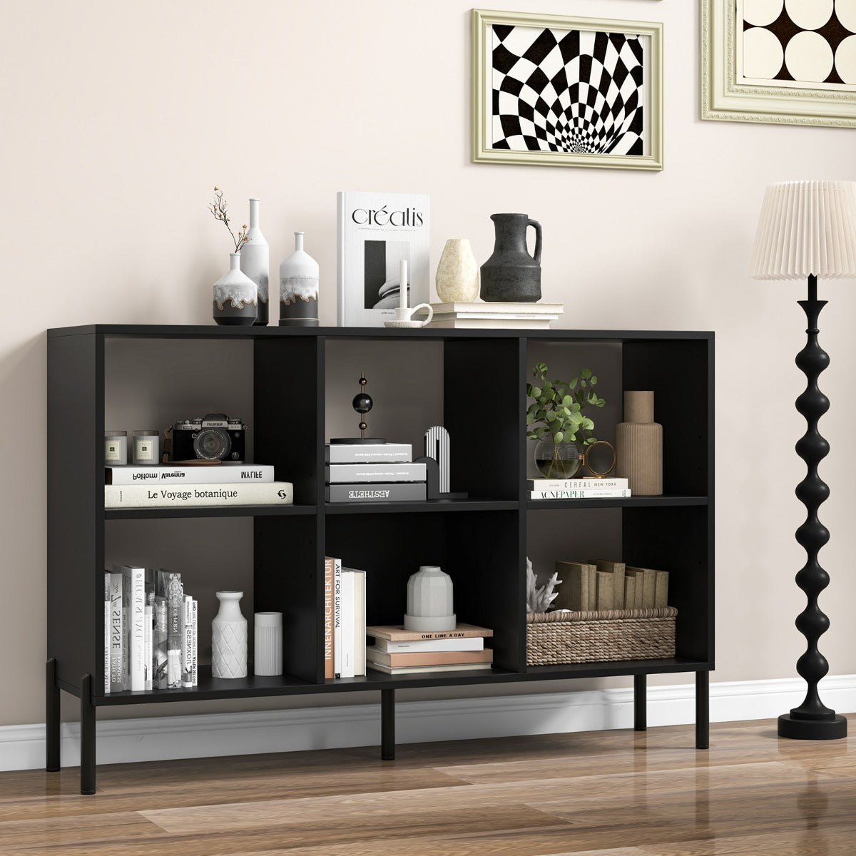 6-Cube Wooden Open Bookshelf with 5 Metal Legs-Black