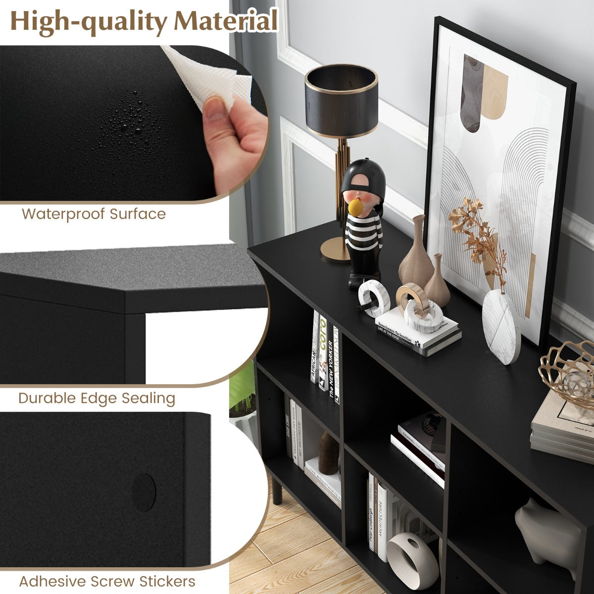 6-Cube Wooden Open Bookshelf with 5 Metal Legs-Black