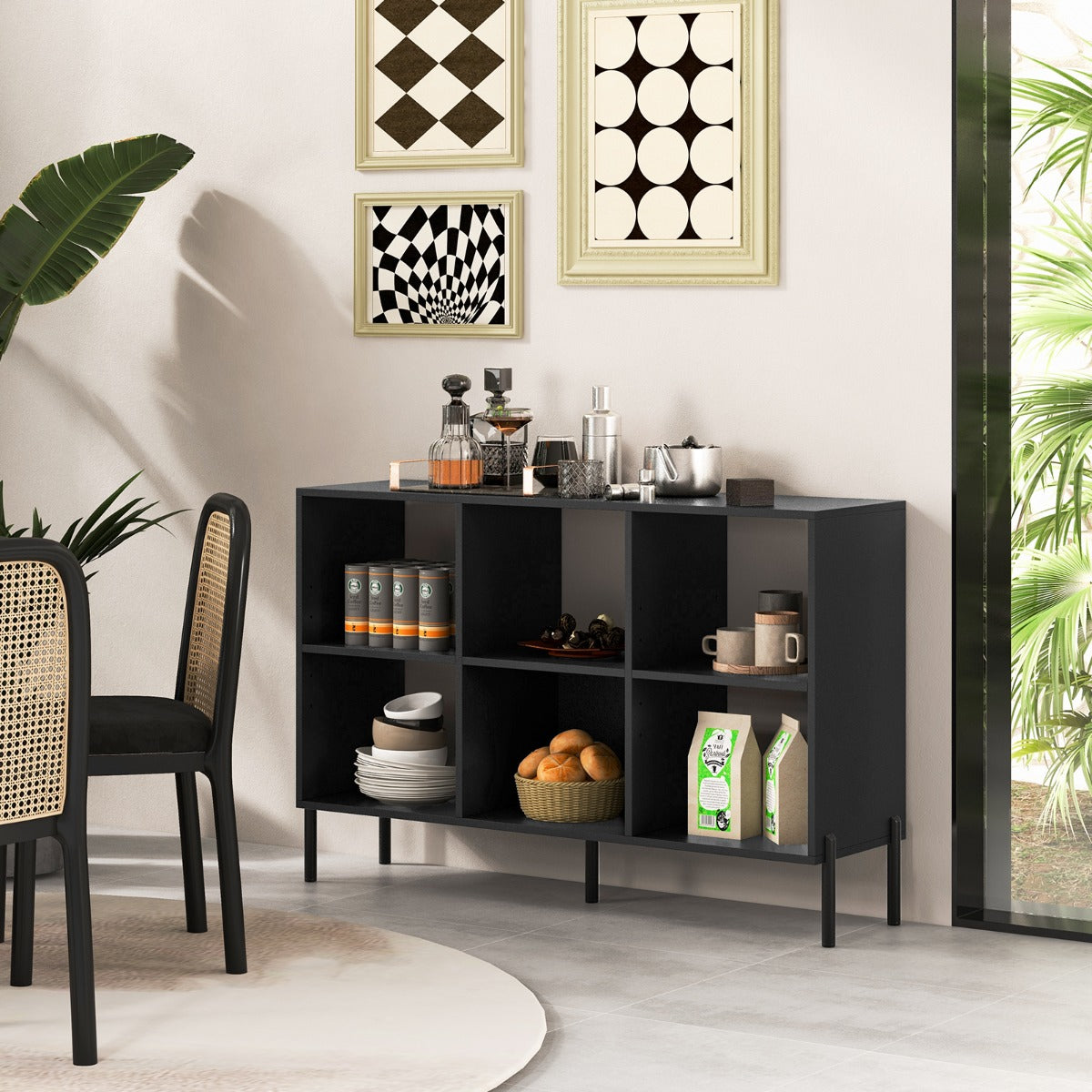 6-Cube Wooden Open Bookshelf with 5 Metal Legs-Black