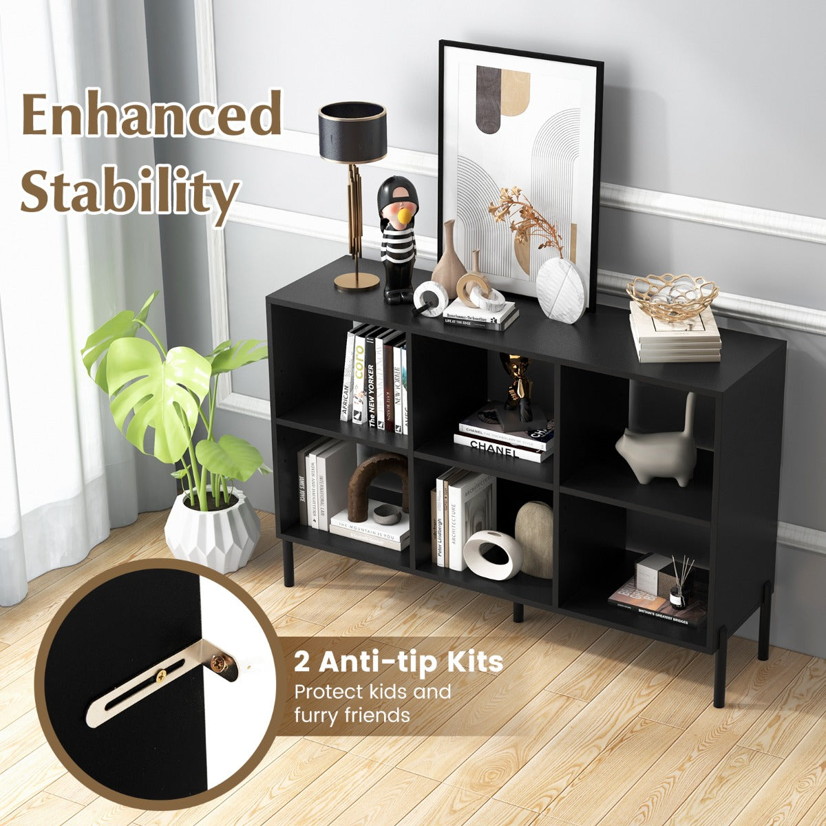 6-Cube Wooden Open Bookshelf with 5 Metal Legs-Black