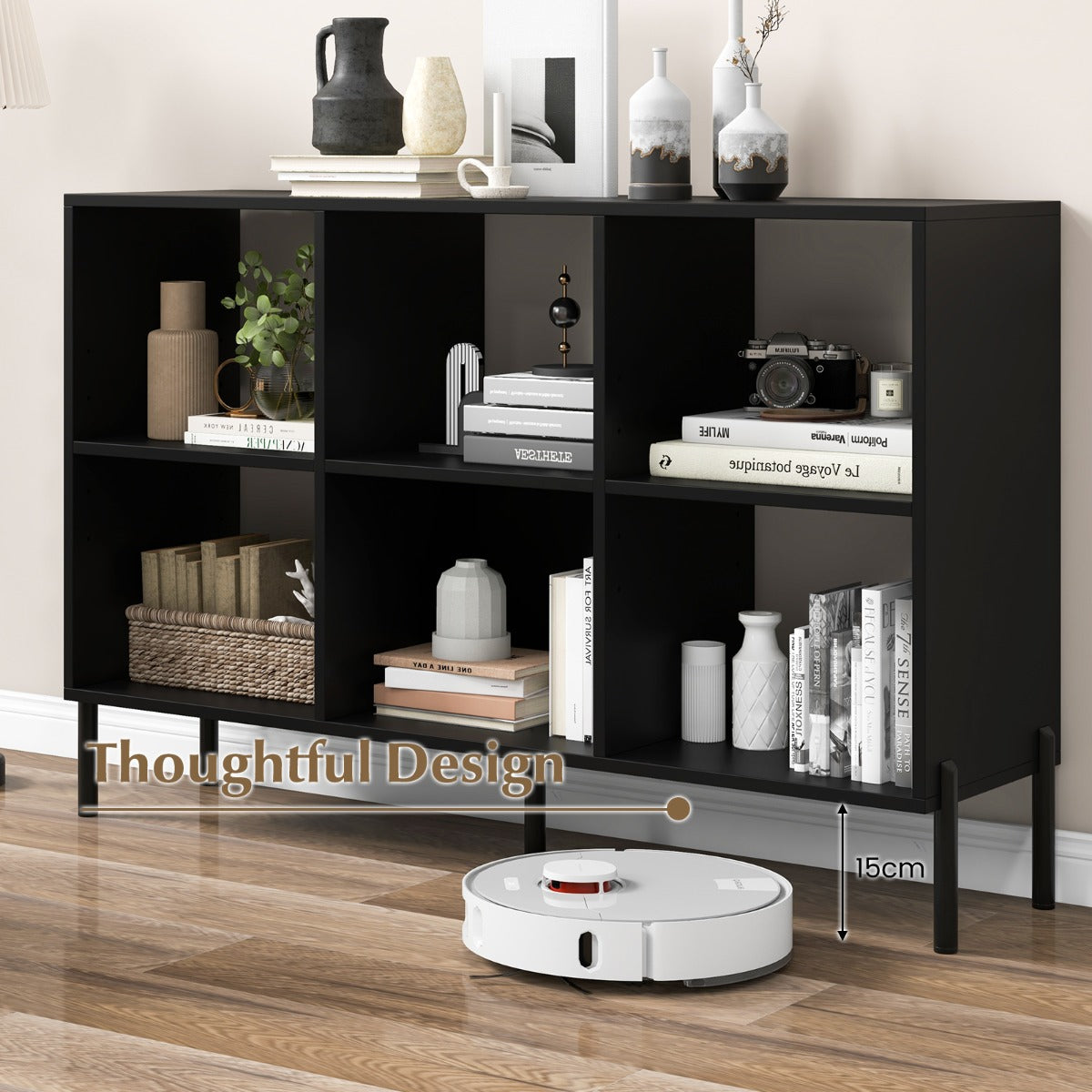 6-Cube Wooden Open Bookshelf with 5 Metal Legs-Black