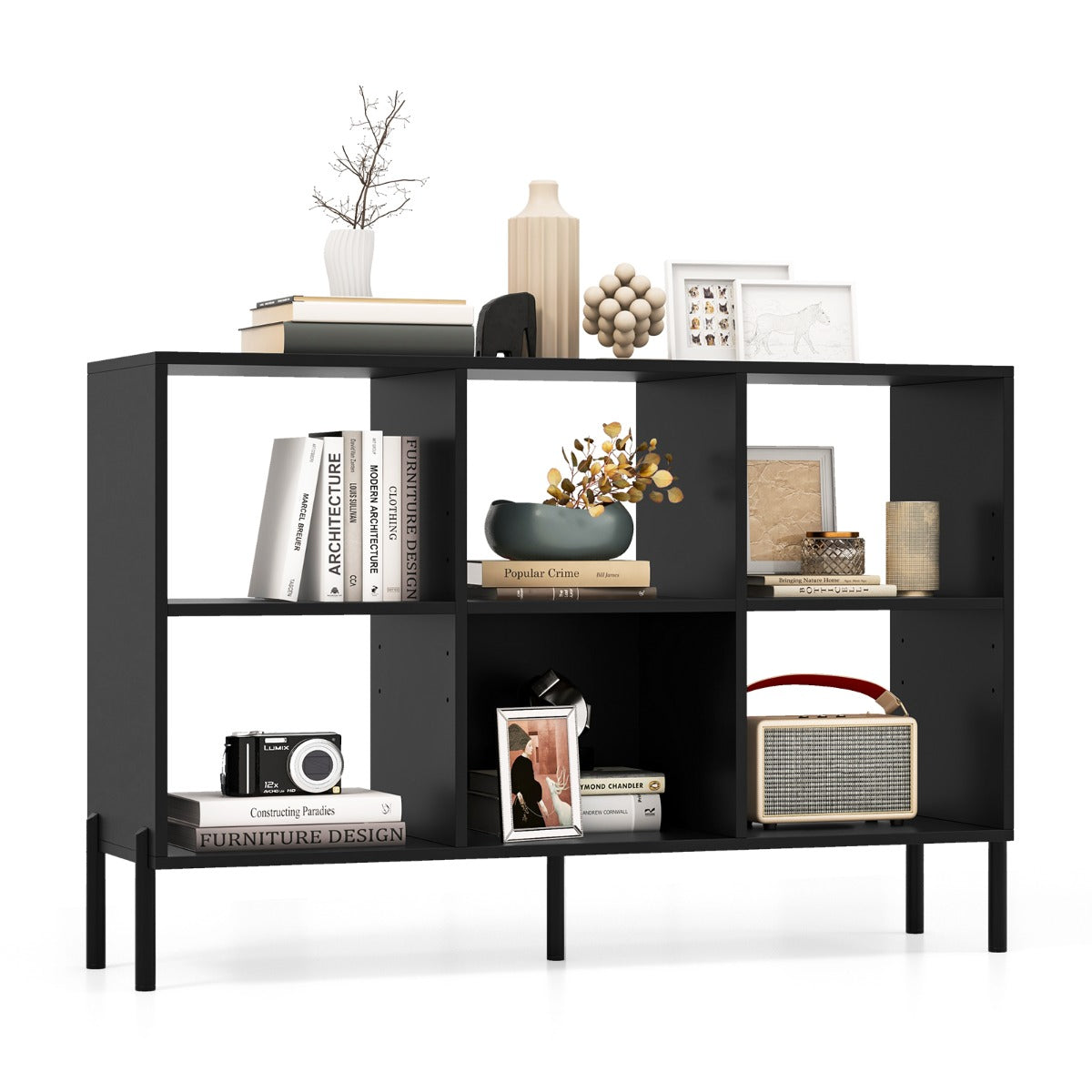 6-Cube Wooden Open Bookshelf with 5 Metal Legs-Black