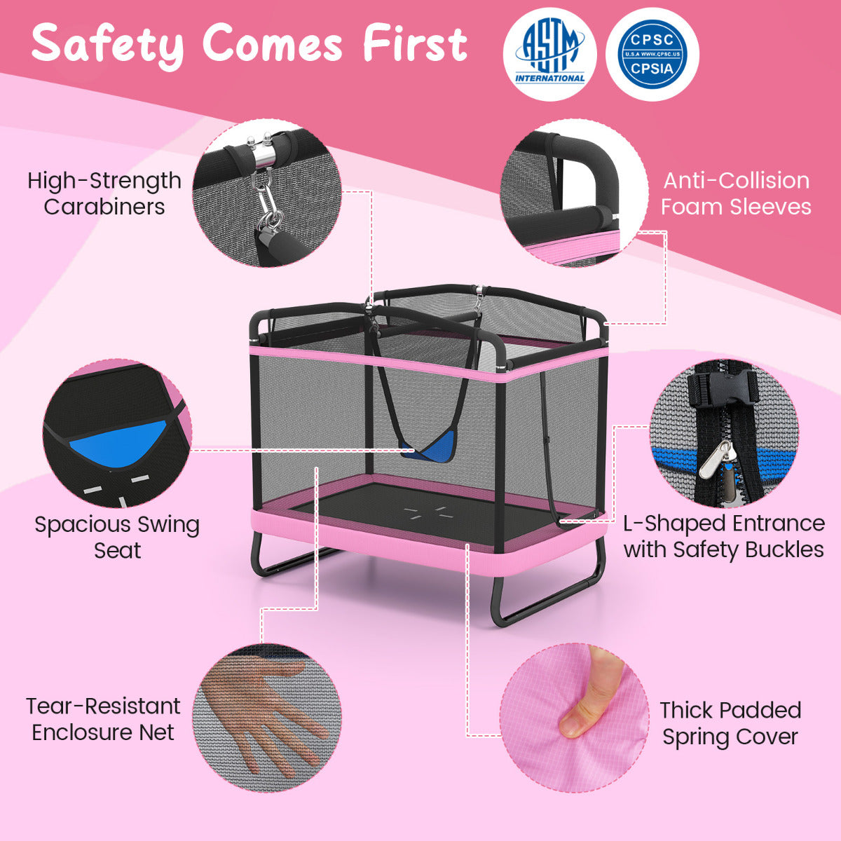 6 FT Kids Trampoline with Swing and Horizontal Bar-Pink