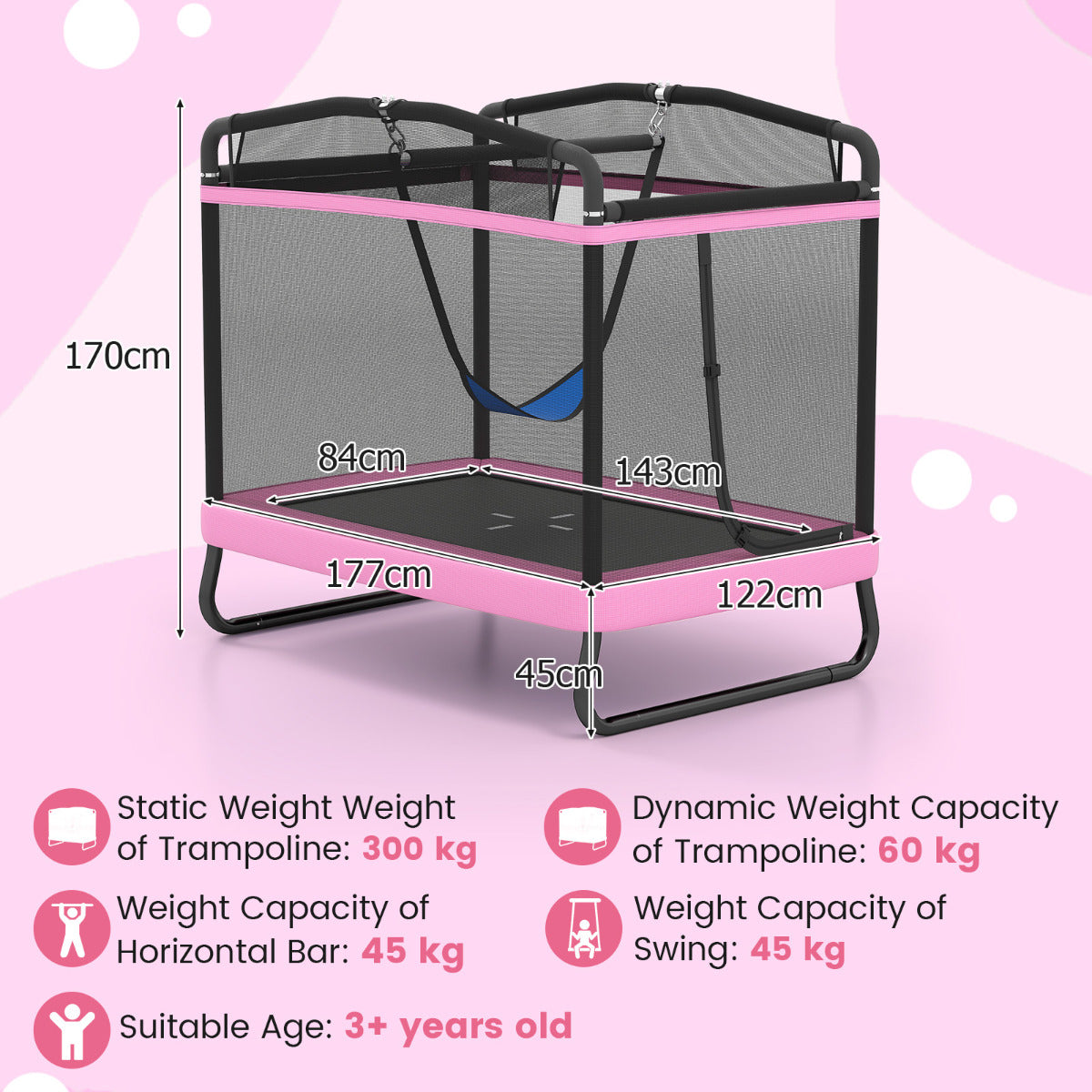 6 FT Kids Trampoline with Swing and Horizontal Bar-Pink