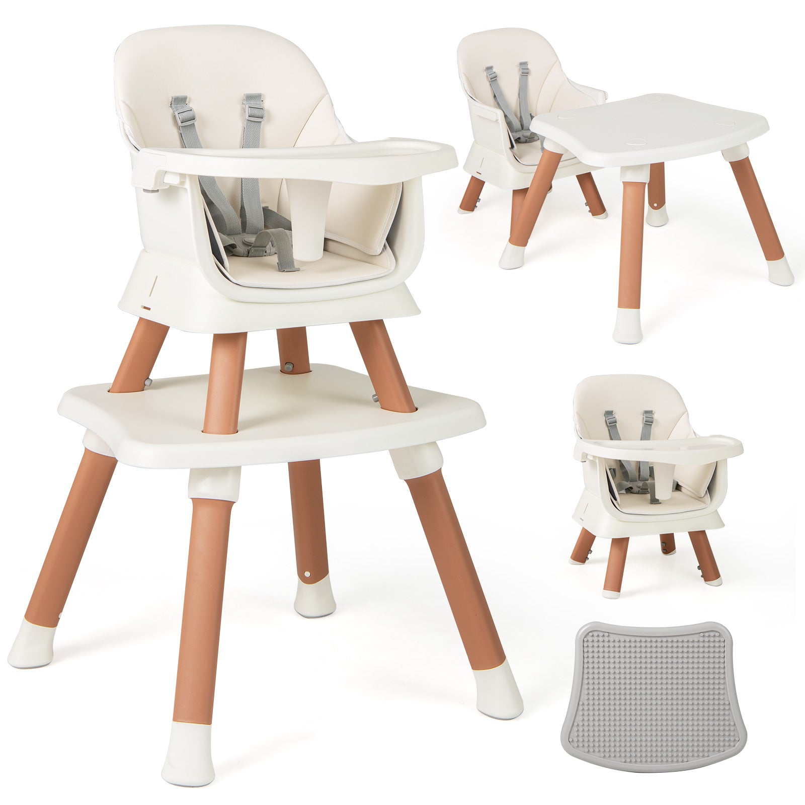 6 in 1 Highchair with Table 5 Point Safety Harness and Removable Washable Tray-Khaki