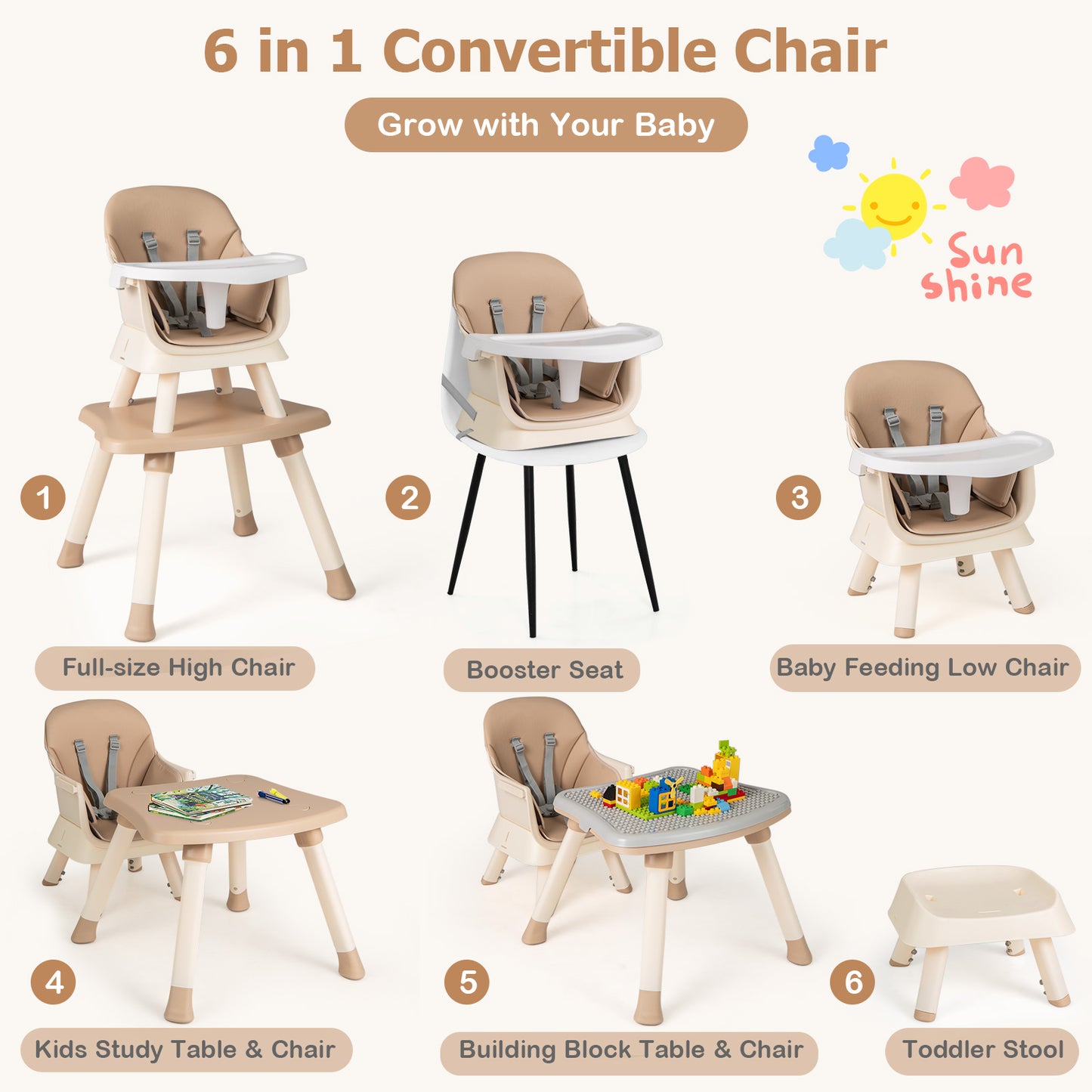 6 in 1 Highchair with Table 5 Point Safety Harness and Removable Washable Tray-Khaki