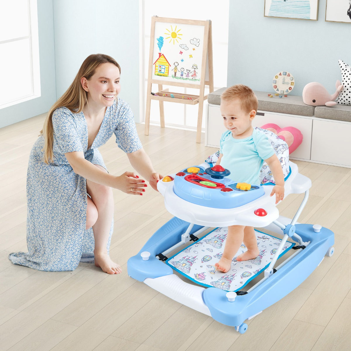6 in 1 Baby Walker &amp;amp; Activity Center with Adjustable Height and Removable Music Tray-Blue