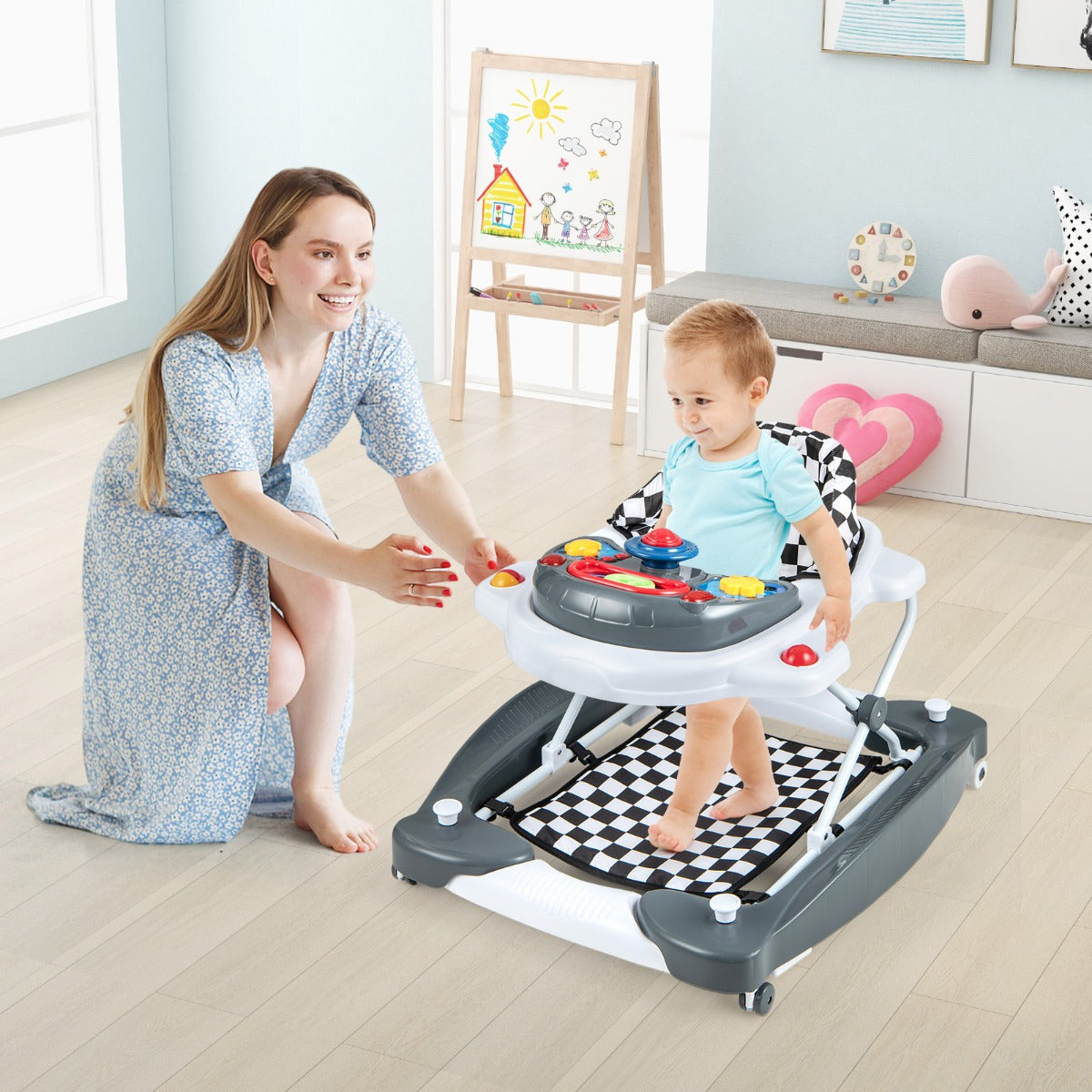 6 in 1 Baby Walker &amp;amp; Activity Center with Adjustable Height and Removable Music Tray-Grey