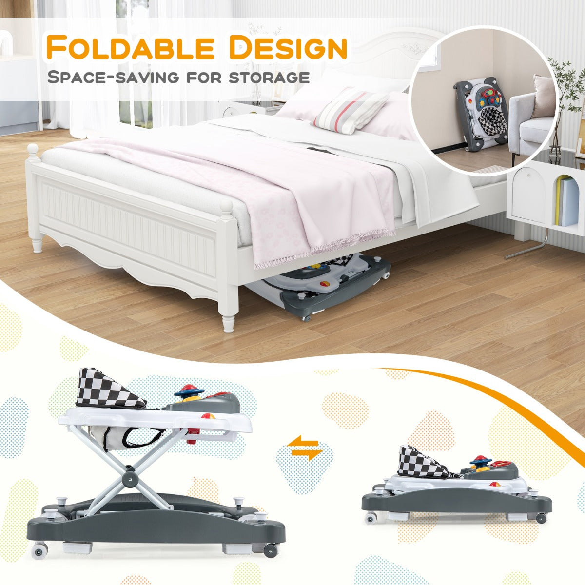 6 in 1 Baby Walker &amp;amp; Activity Center with Adjustable Height and Removable Music Tray-Grey