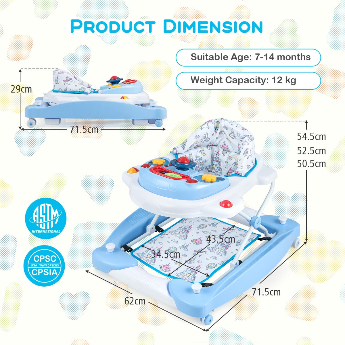 6 in 1 Baby Walker &amp;amp; Activity Center with Adjustable Height and Removable Music Tray-Blue