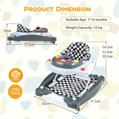 6 in 1 Baby Walker &amp;amp; Activity Center with Adjustable Height and Removable Music Tray-Grey