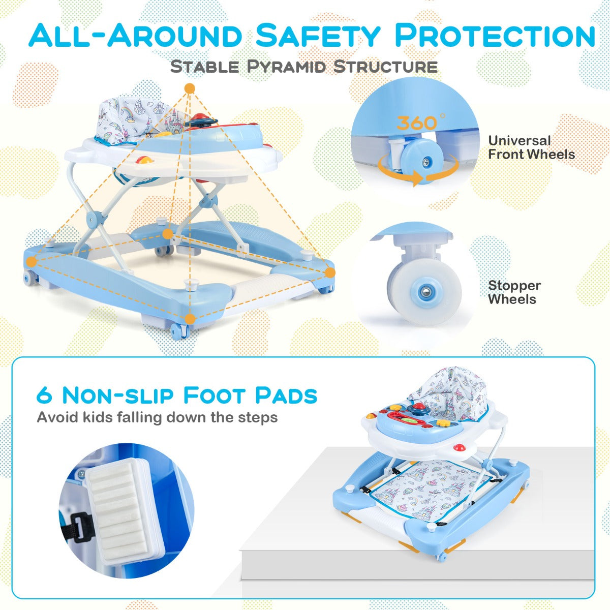 6 in 1 Baby Walker &amp;amp; Activity Center with Adjustable Height and Removable Music Tray-Blue