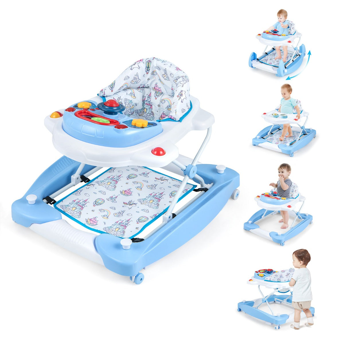 6 in 1 Baby Walker &amp;amp; Activity Center with Adjustable Height and Removable Music Tray-Blue