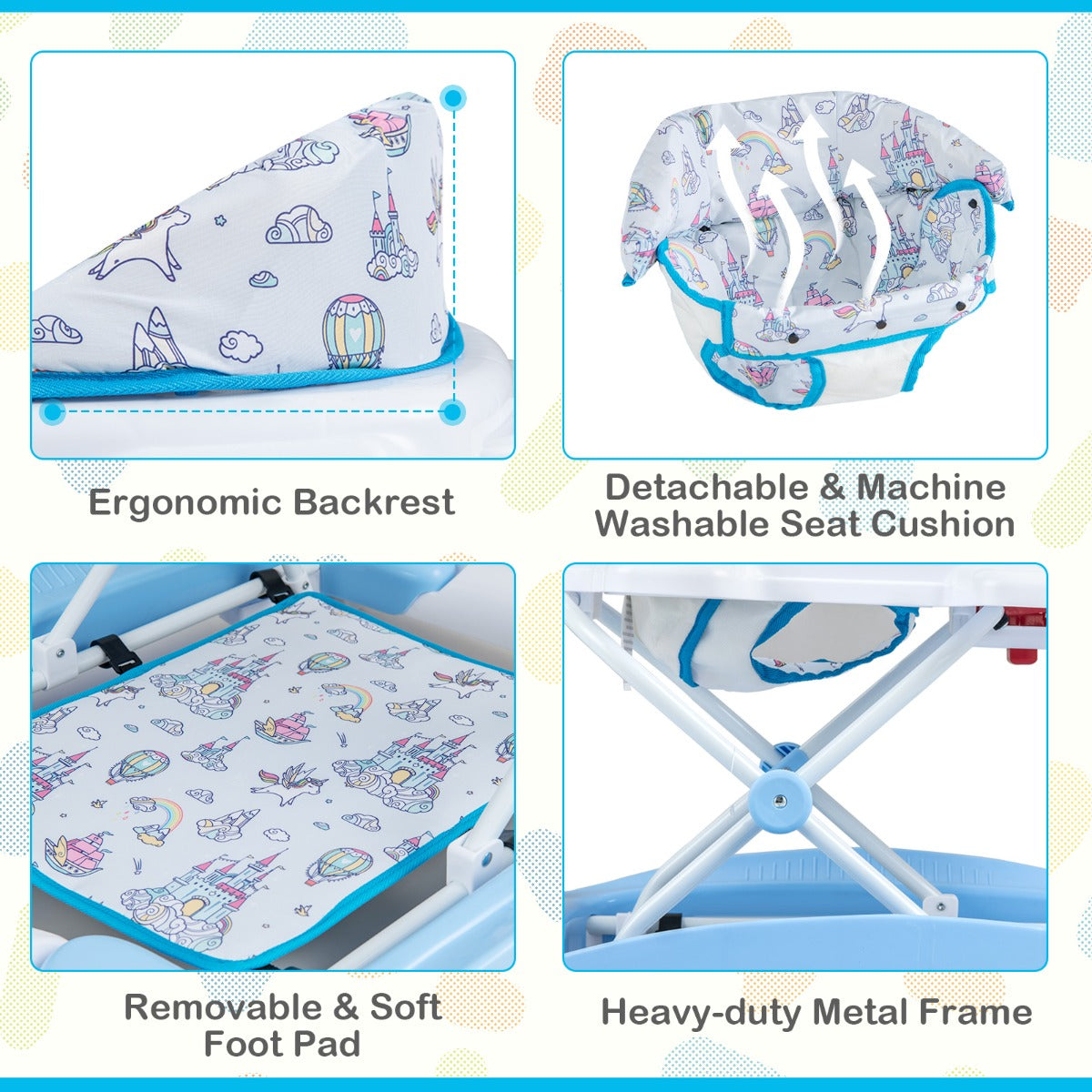 6 in 1 Baby Walker &amp;amp; Activity Center with Adjustable Height and Removable Music Tray-Blue