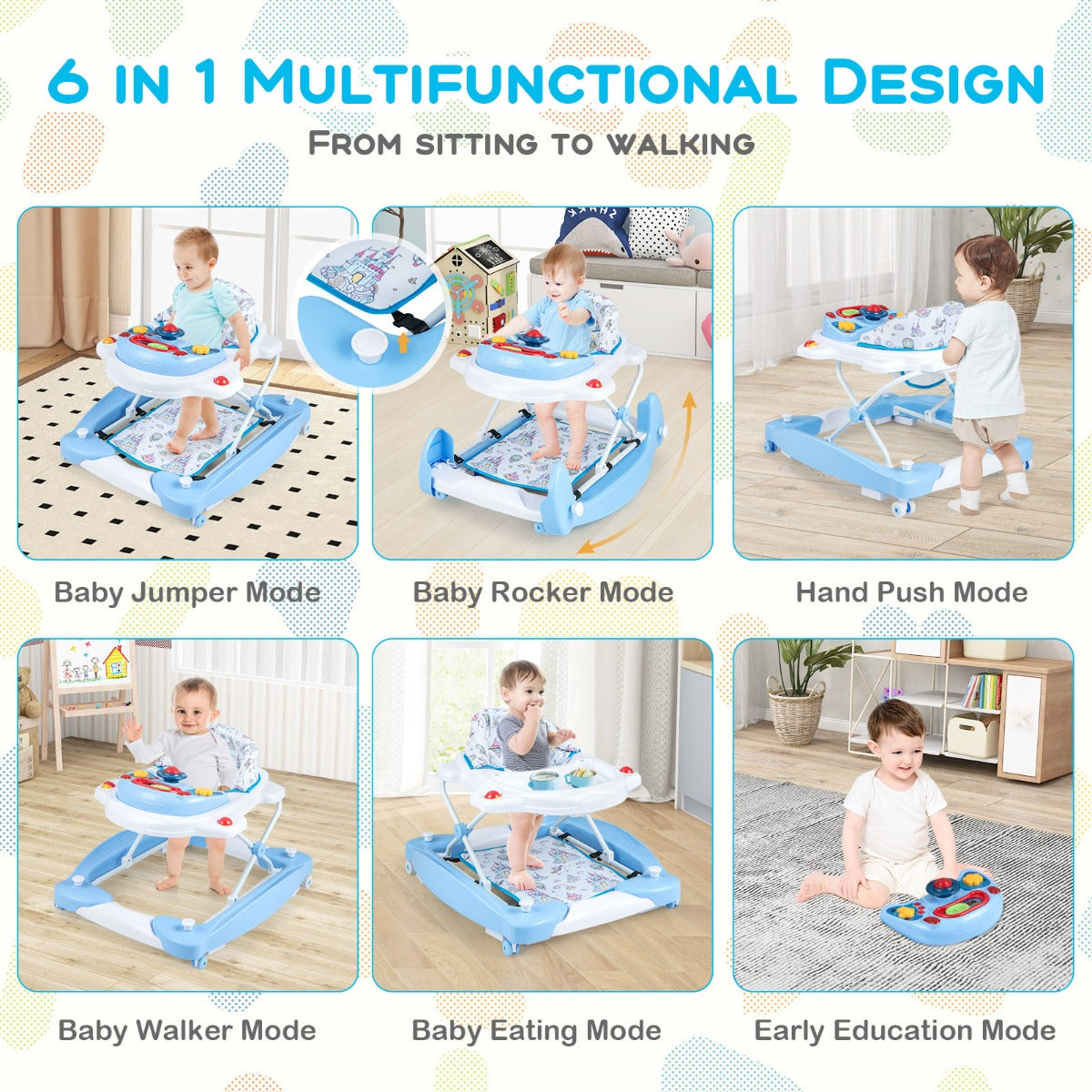 6 in 1 Baby Walker &amp;amp; Activity Center with Adjustable Height and Removable Music Tray-Blue
