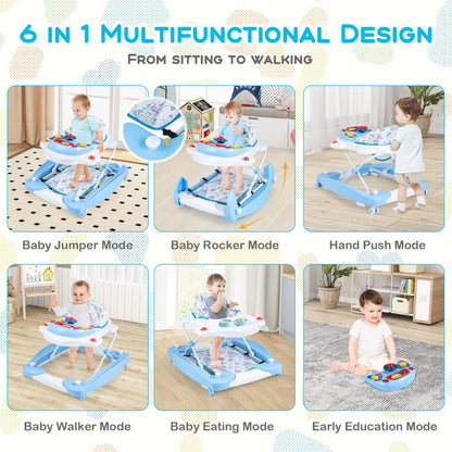 6 in 1 Baby Walker &amp;amp; Activity Center with Adjustable Height and Removable Music Tray-Blue