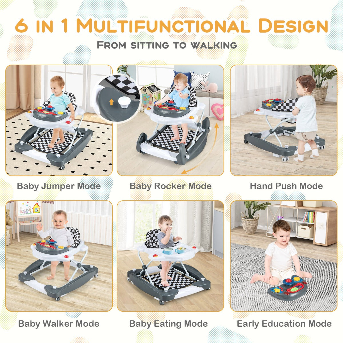 6 in 1 Baby Walker &amp;amp; Activity Center with Adjustable Height and Removable Music Tray-Grey