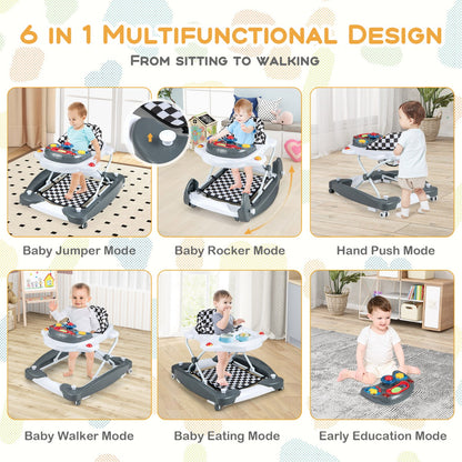 6 in 1 Baby Walker &amp;amp; Activity Center with Adjustable Height and Removable Music Tray-Grey