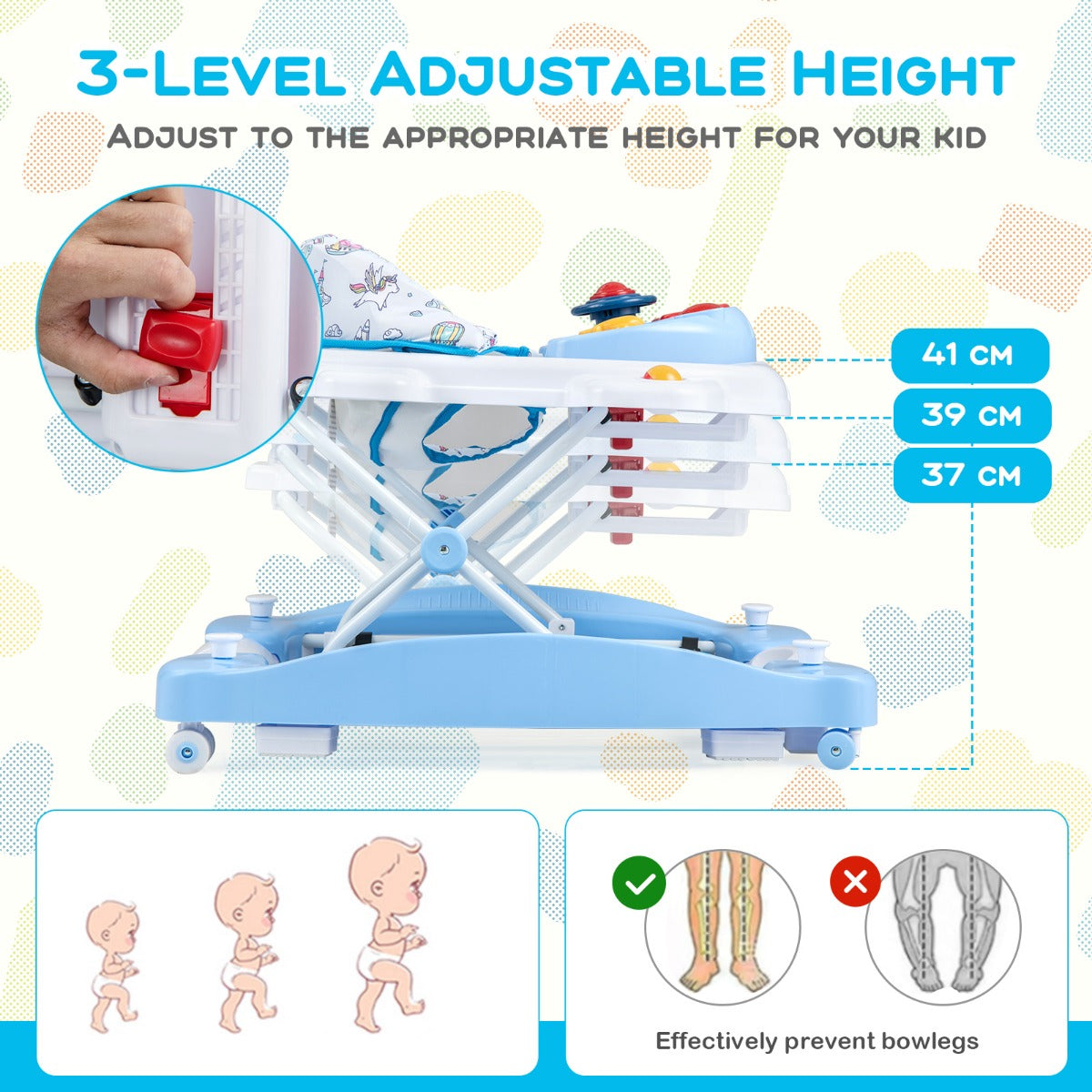 6 in 1 Baby Walker &amp;amp; Activity Center with Adjustable Height and Removable Music Tray-Blue