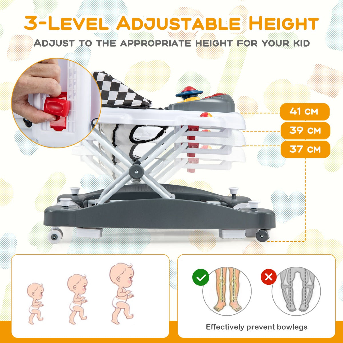 6 in 1 Baby Walker &amp;amp; Activity Center with Adjustable Height and Removable Music Tray-Grey