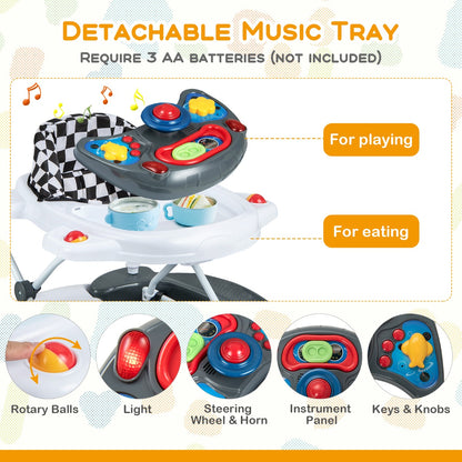 6 in 1 Baby Walker &amp;amp; Activity Center with Adjustable Height and Removable Music Tray-Grey