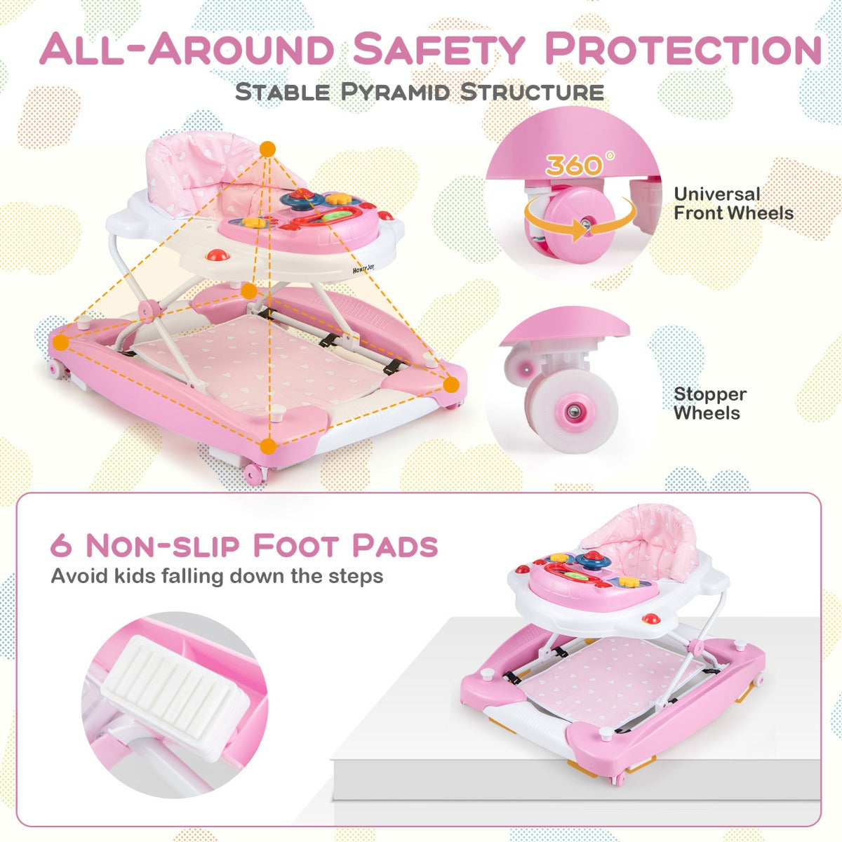 6 in 1 Baby Walker &amp; Activity Center with Adjustable Height and Removable Music Tray-Pink