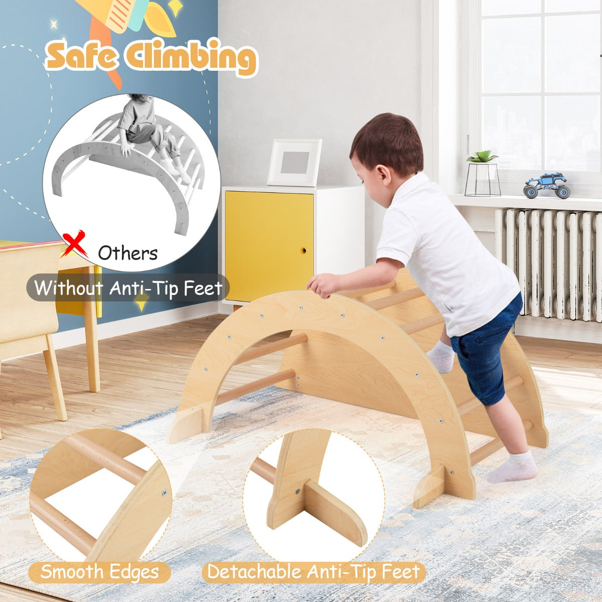 6 in 1 Climbing Arch Wooden Rocker Arch Climbing Toy-Beige