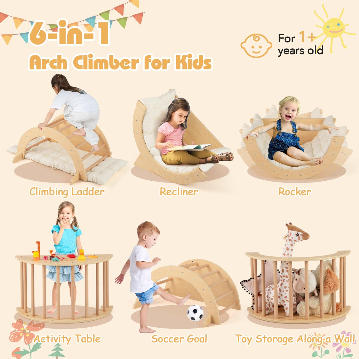 6 in 1 Climbing Arch Wooden Rocker Arch Climbing Toy-Beige