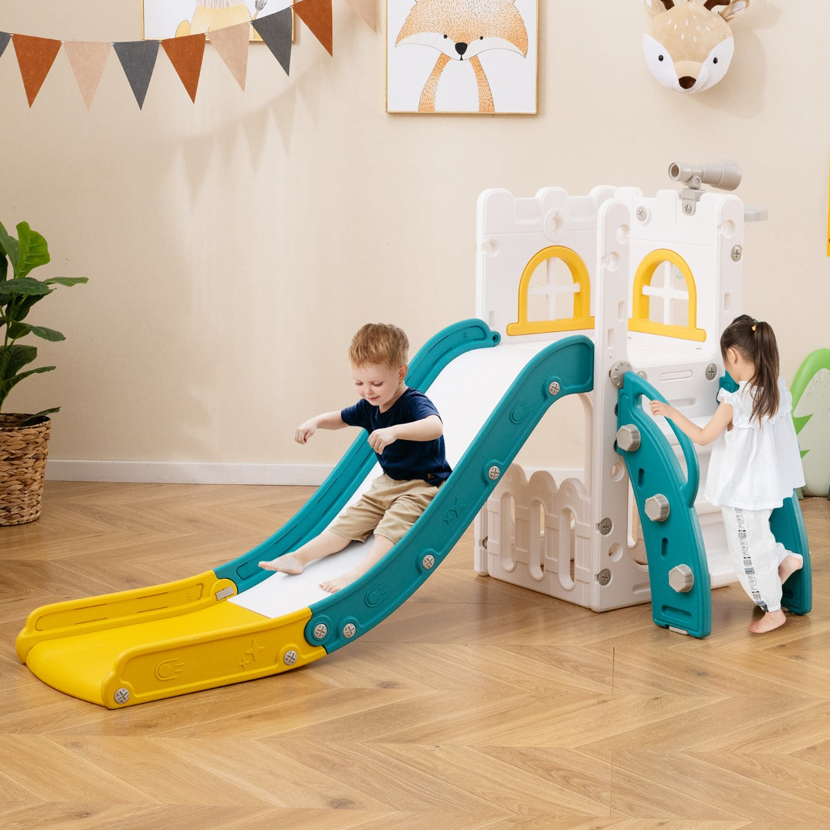 6 in 1 Indoor L-shaped Slide for Toddlers Age 1-3 with Basketball Hoop-Yellow