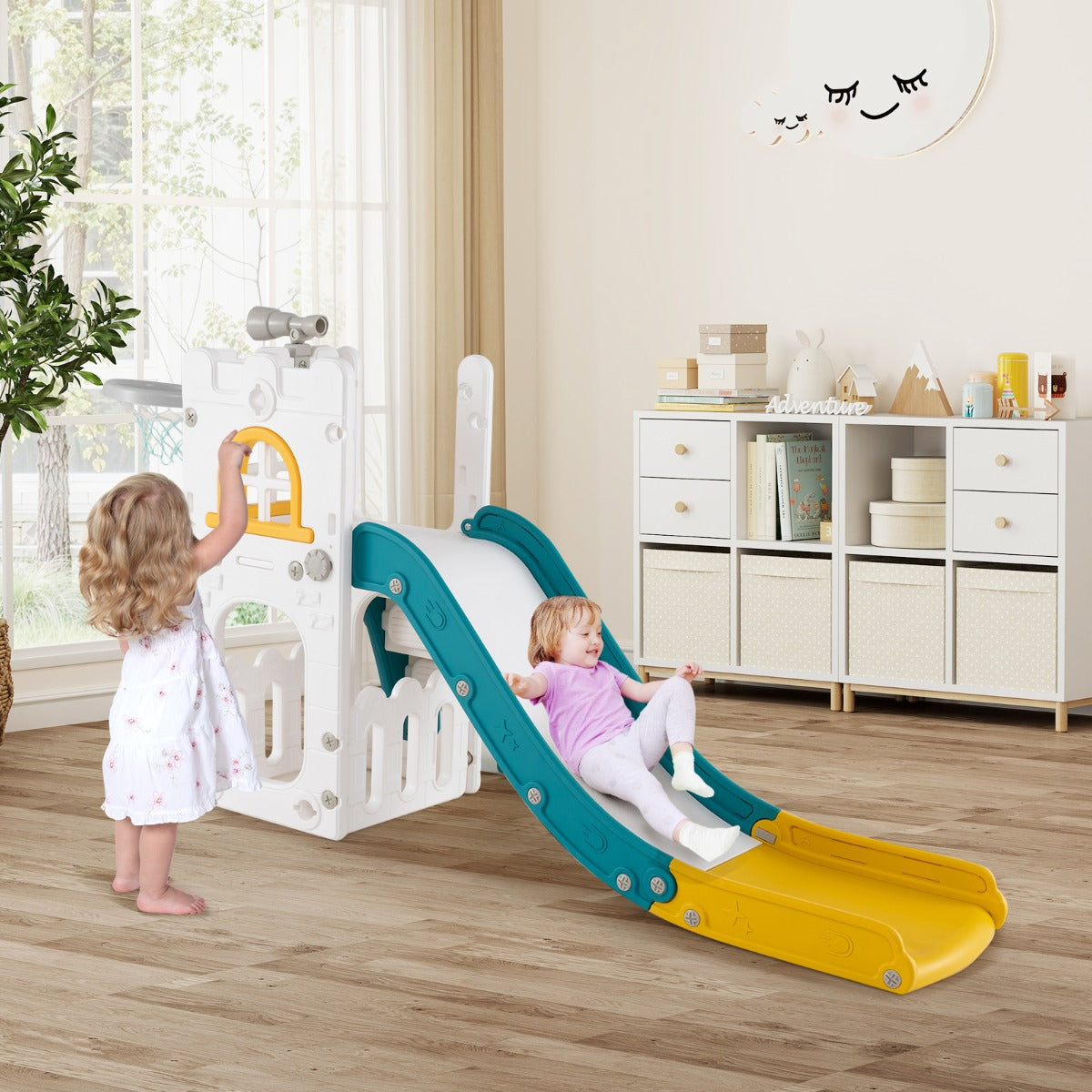 6 in 1 Indoor L-shaped Slide for Toddlers Age 1-3 with Basketball Hoop-Yellow