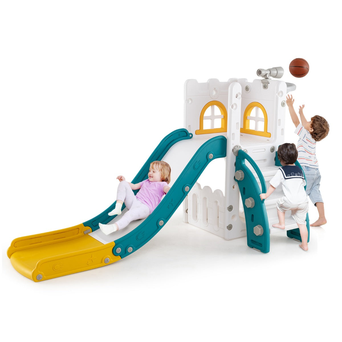 6 in 1 Indoor L-shaped Slide for Toddlers Age 1-3 with Basketball Hoop-Yellow