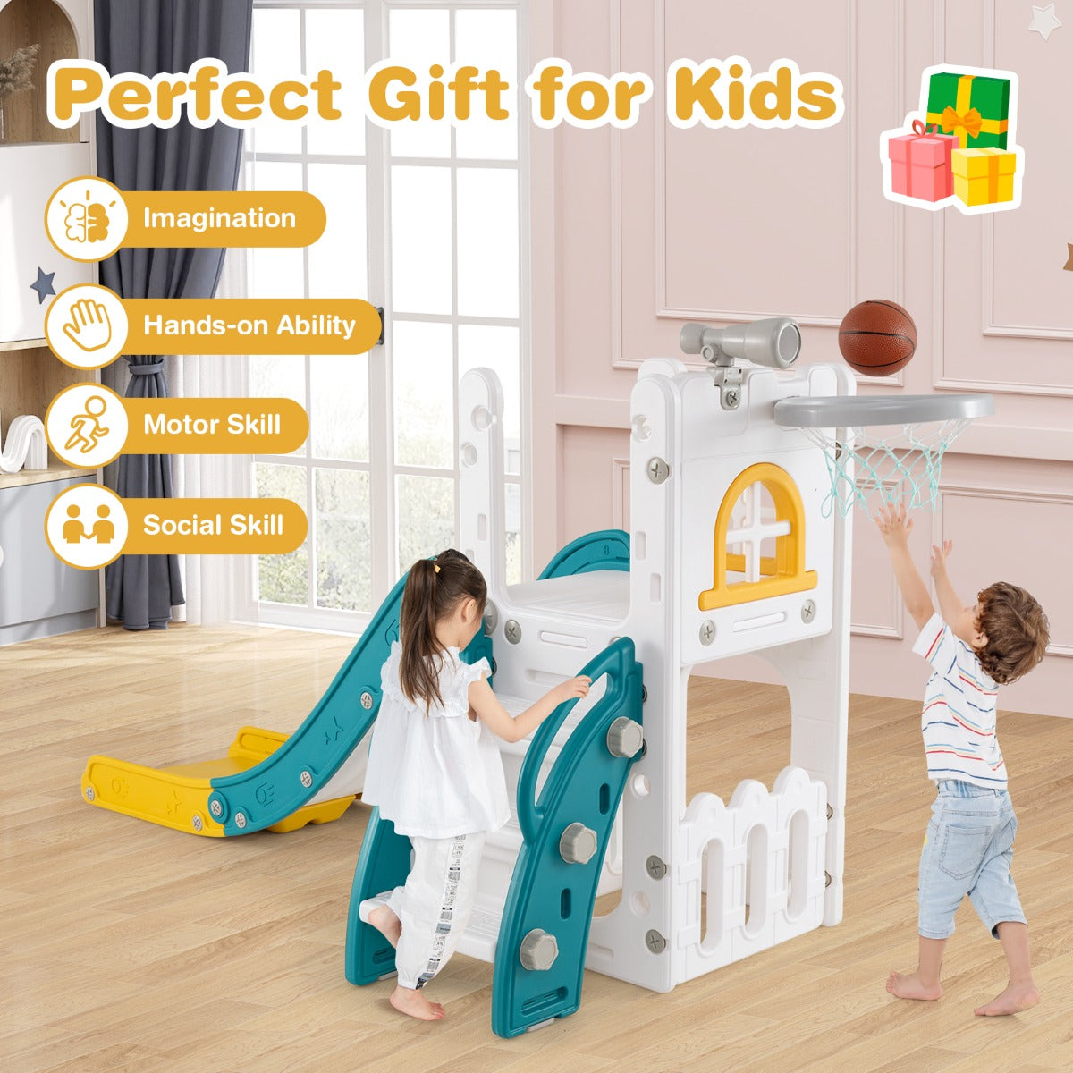 6 in 1 Indoor L-shaped Slide for Toddlers Age 1-3 with Basketball Hoop-Yellow