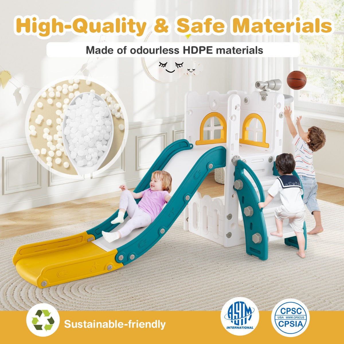 6 in 1 Indoor L-shaped Slide for Toddlers Age 1-3 with Basketball Hoop-Yellow