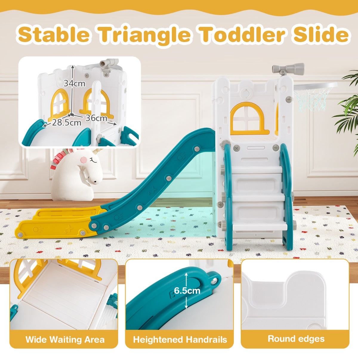 6 in 1 Indoor L-shaped Slide for Toddlers Age 1-3 with Basketball Hoop-Yellow