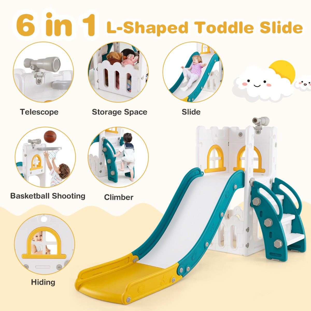 6 in 1 Indoor L-shaped Slide for Toddlers Age 1-3 with Basketball Hoop-Yellow