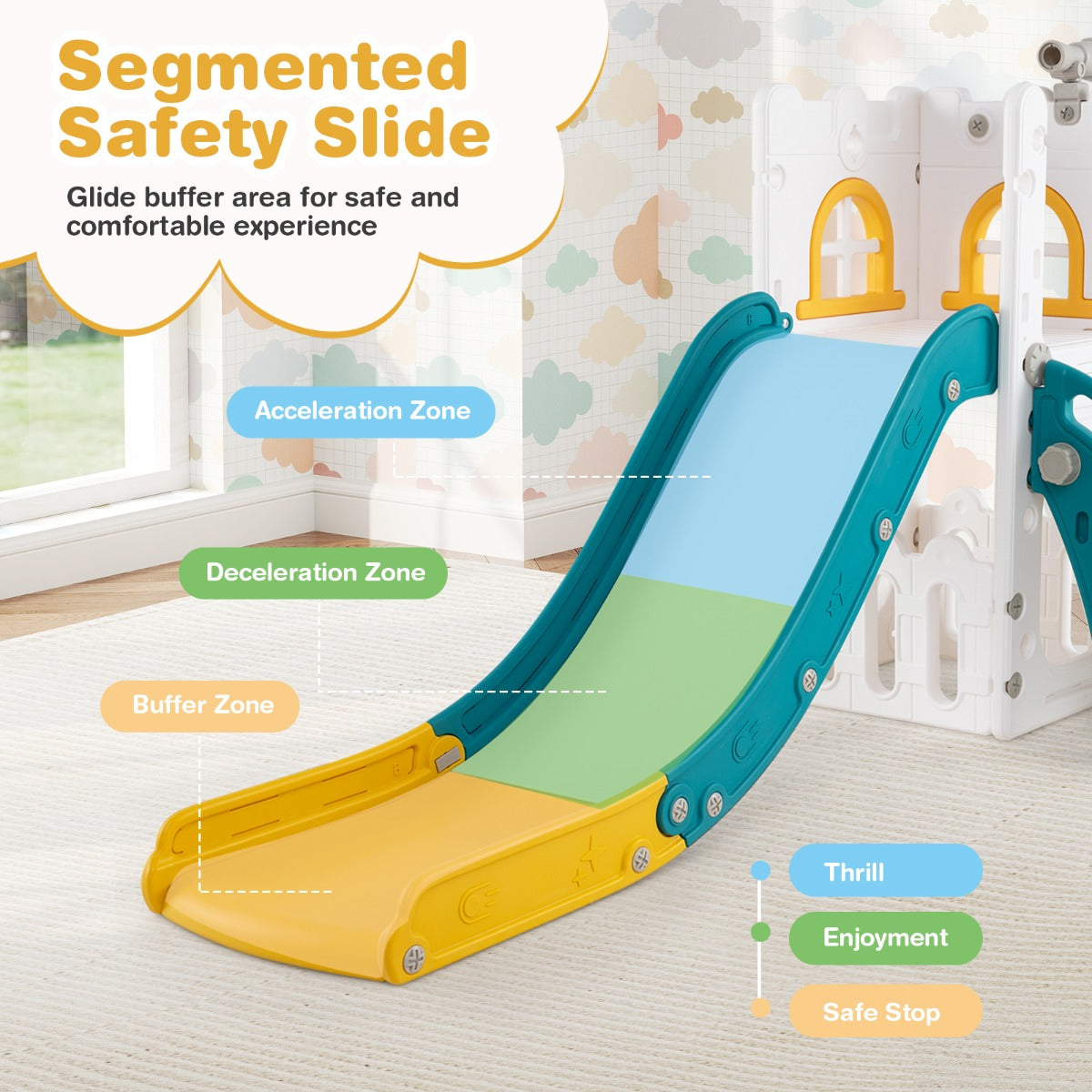 6 in 1 Indoor L-shaped Slide for Toddlers Age 1-3 with Basketball Hoop-Yellow