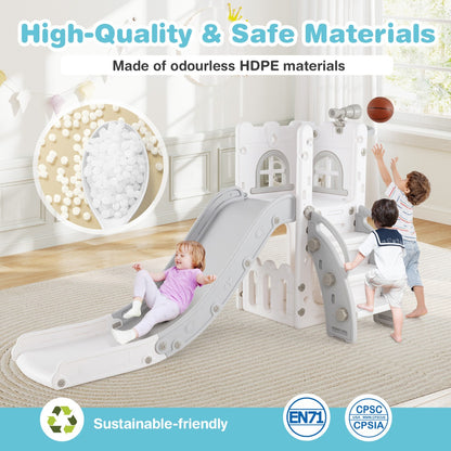 6 in 1 Indoor L-shaped Slide for Toddlers Age 1-3 with Basketball Hoop-White