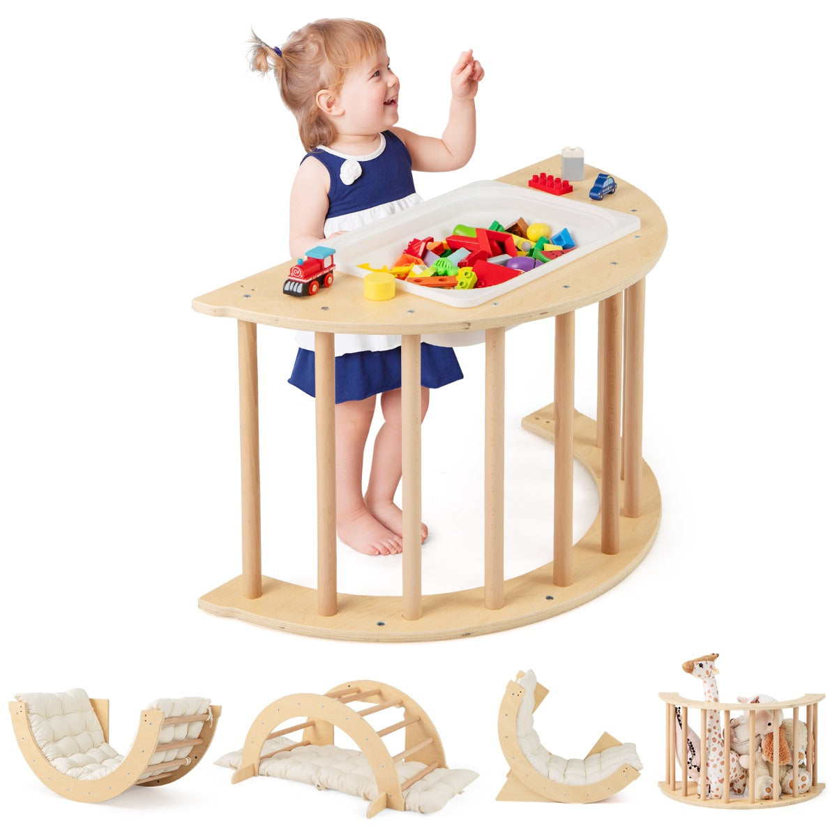 6 in 1 Kids Climbing Arch Playset Indoor Wooden Climbing Toy Rocker Chair-Natural