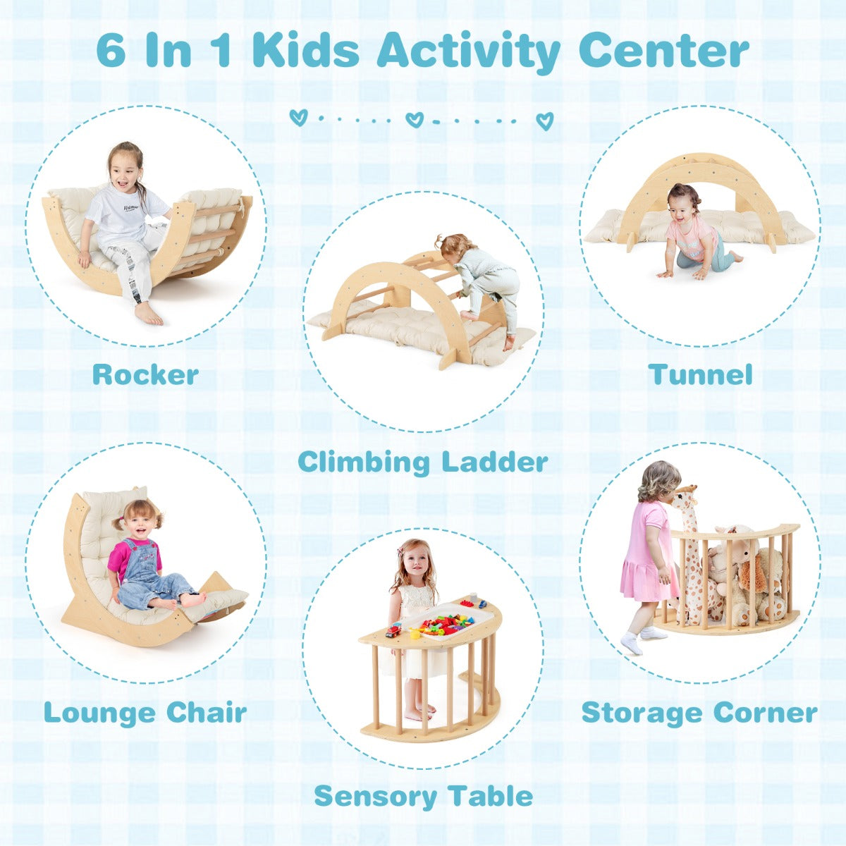 6 in 1 Kids Climbing Arch Playset Indoor Wooden Climbing Toy Rocker Chair-Natural