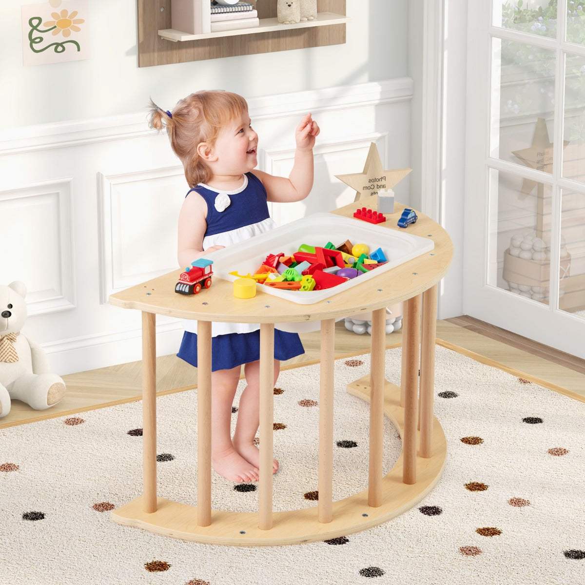 6 in 1 Kids Climbing Arch Playset Indoor Wooden Climbing Toy Rocker Chair-Natural