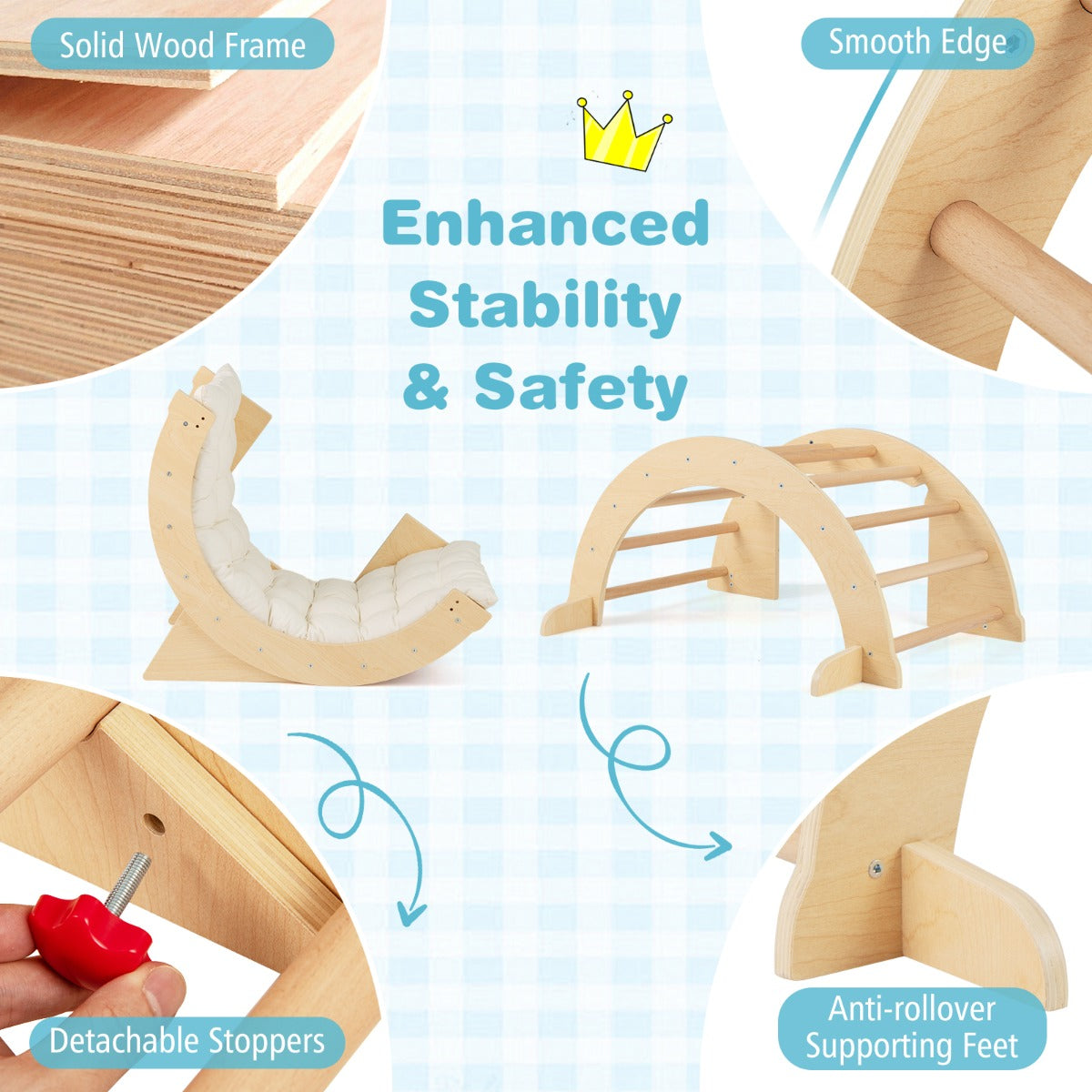 6 in 1 Kids Climbing Arch Playset Indoor Wooden Climbing Toy Rocker Chair-Natural