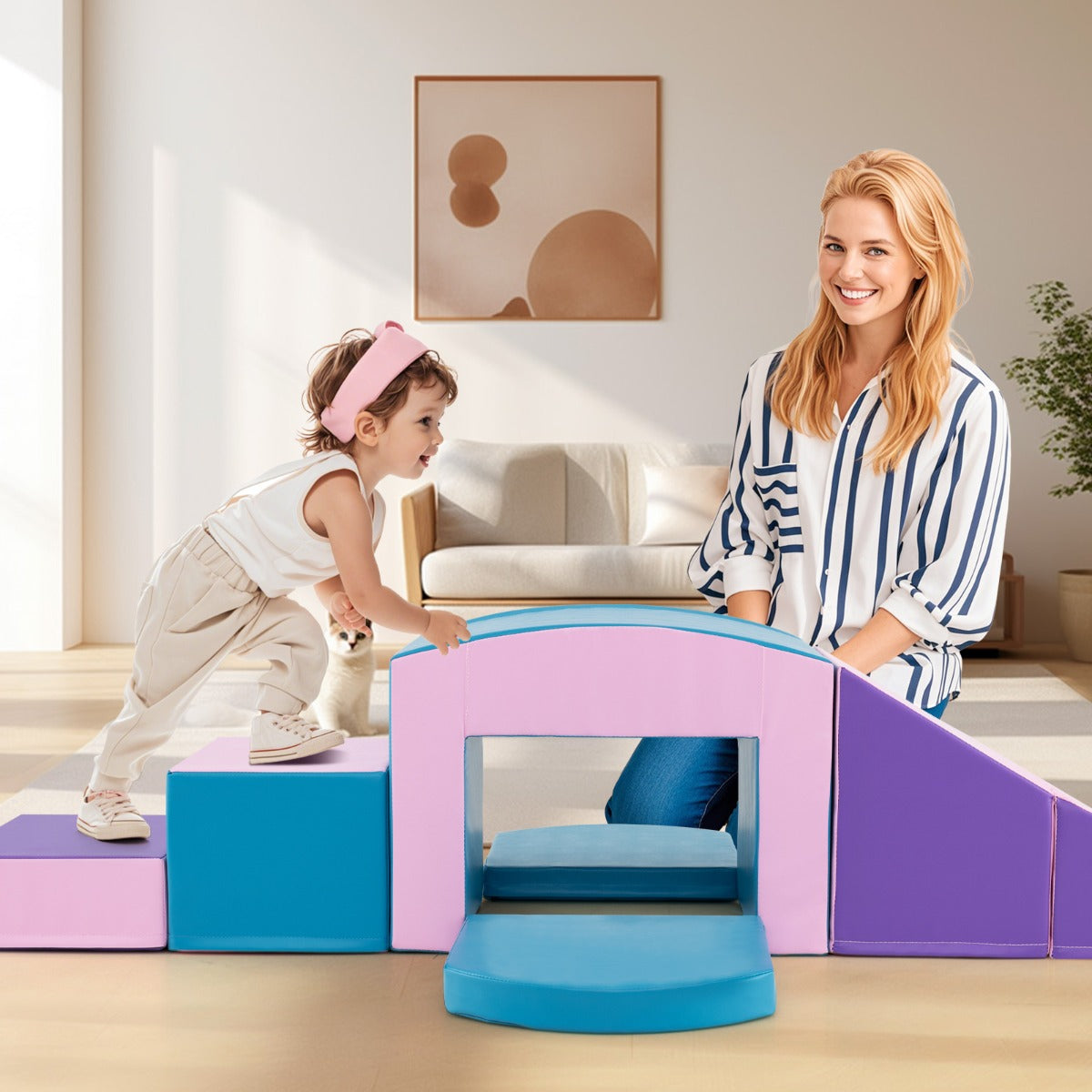 6 PCS Foam Climbing Blocks with Tunnel Stairs and Ramp for 12 Months+-Multicolour