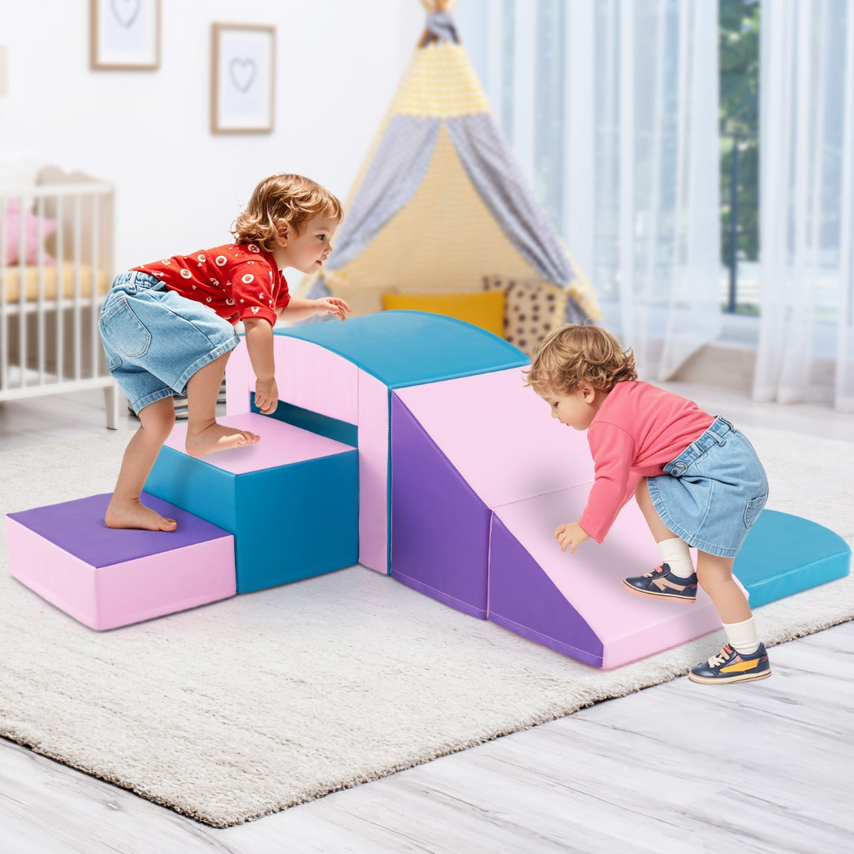 6 PCS Foam Climbing Blocks with Tunnel Stairs and Ramp for 12 Months+-Multicolour