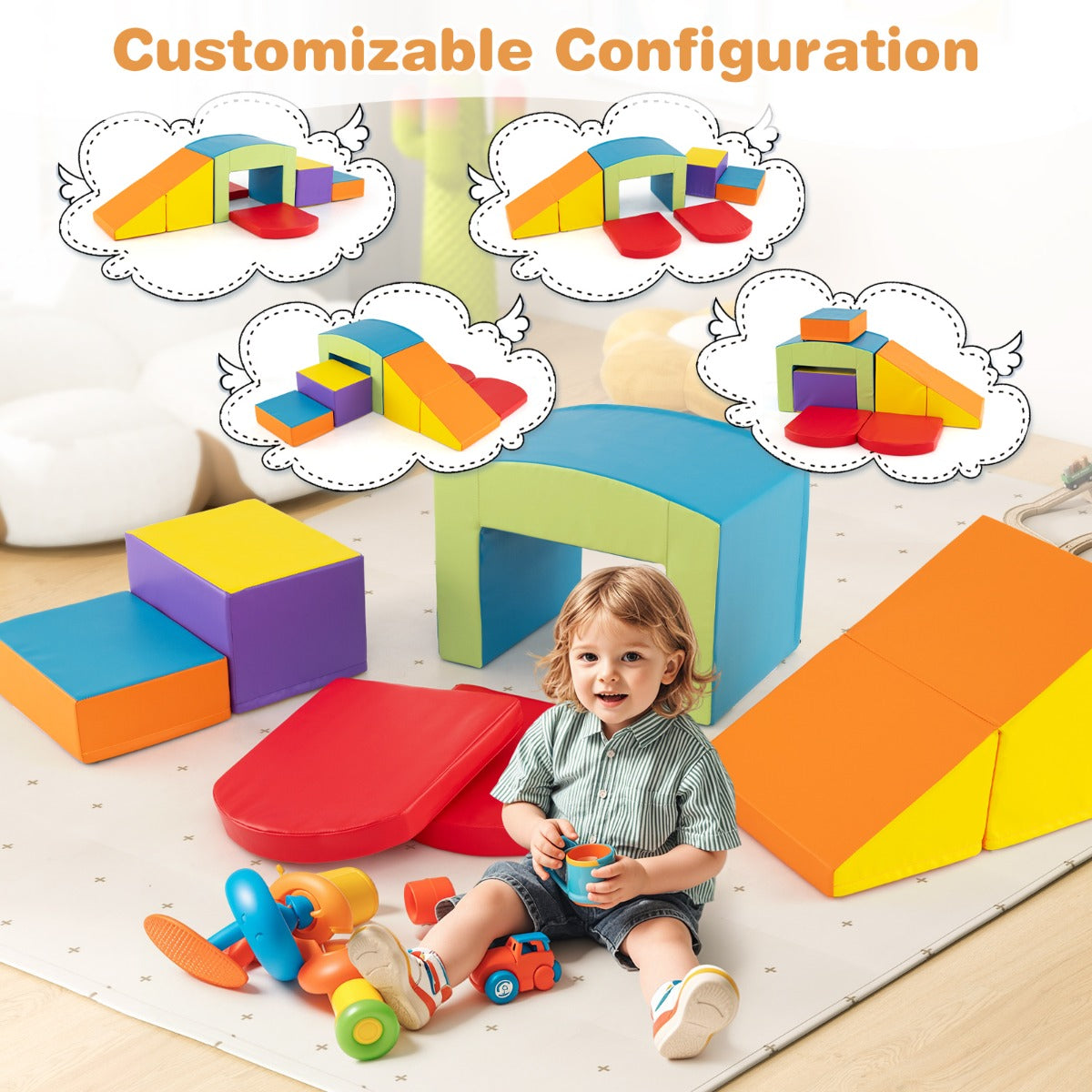6 PCS Foam Climbing Blocks with Tunnel Stairs and Ramp for 12 Months+-Colourful