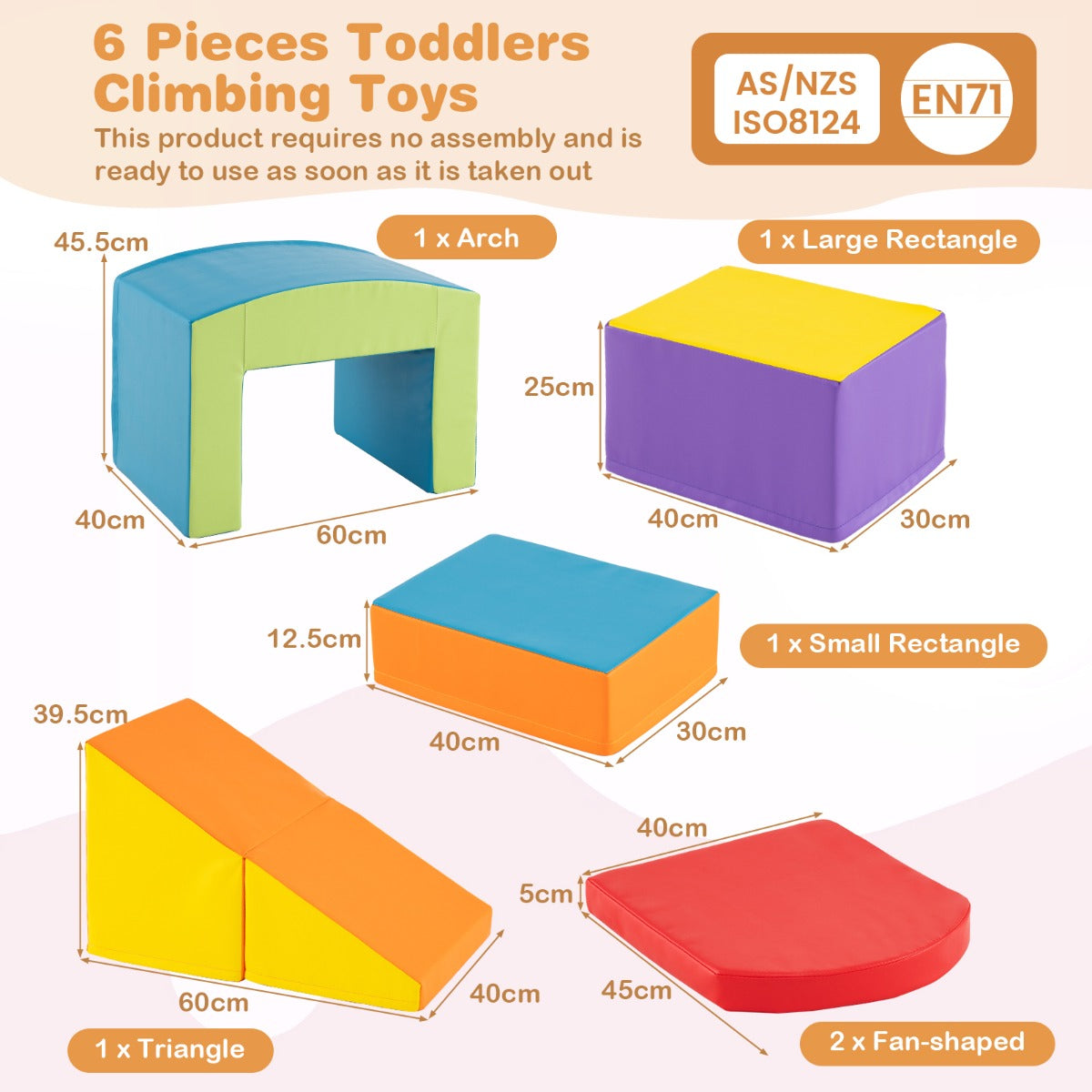 6 PCS Foam Climbing Blocks with Tunnel Stairs and Ramp for 12 Months+-Colourful