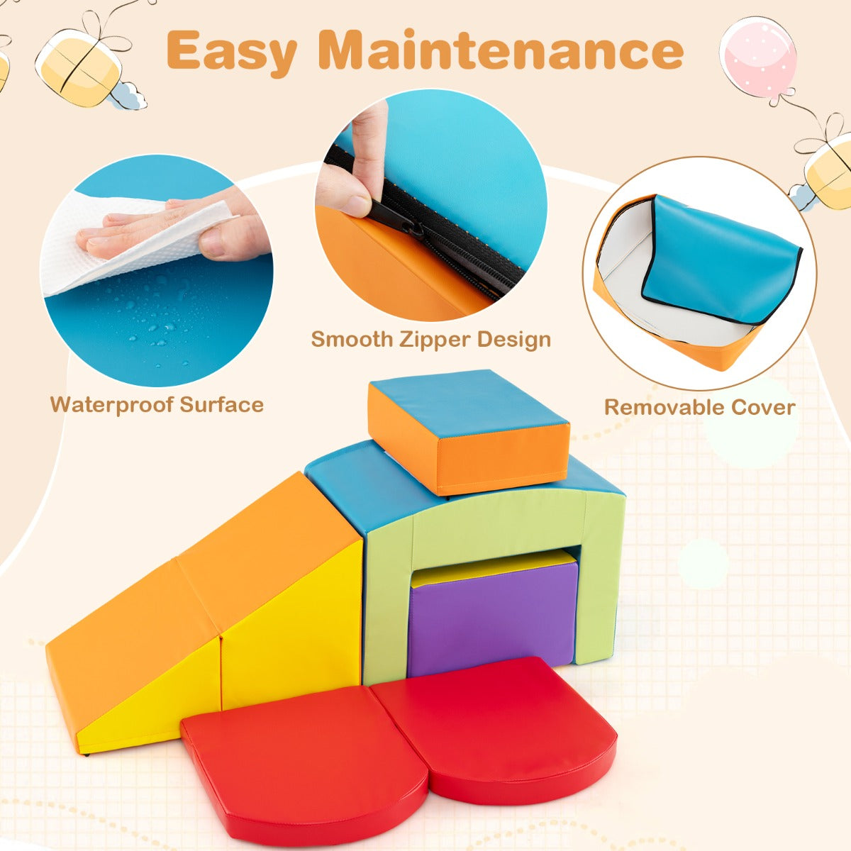 6 PCS Foam Climbing Blocks with Tunnel Stairs and Ramp for 12 Months+-Colourful